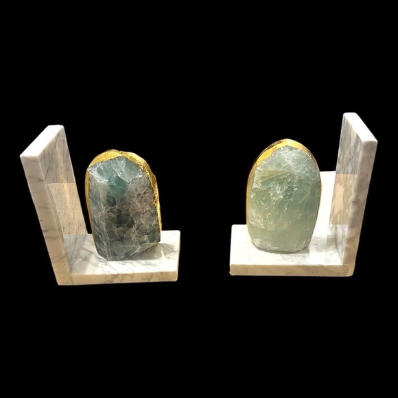 Anthropologie Sliced Bookends Green gold marbled Crystal heavy Beautiful Classy - Picture 16 of 16